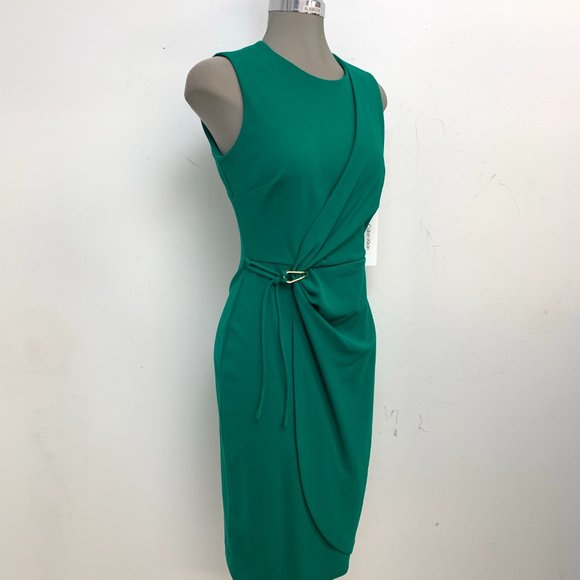Petite Size 4P NEW Calvin Klein Elegant Faux Wrap Meadow Green Sheath Dress - Picture 2 of 7